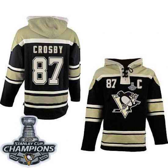 Men Pittsburgh Penguins 87 Sidney Crosby Black Sawyer Hooded Sweatshirt 2017 Stanley Cup Finals Champions Stitched NHL Jersey